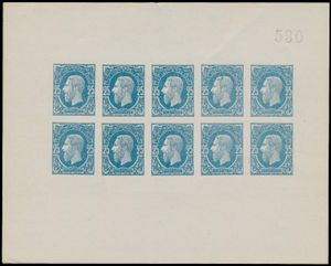 N° 3 ‘25c. blue’ in a sheetlet of 10 without gum ribbing, so-called ‘LENOIR’ reproduction, numbered ‘530’ in the cancelling machine, very fine