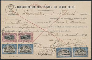 1917 N° 67 (4x) ‘25c. blue’ and N° 69 (2x) ‘50c. lilac-brown’, postmark from Buta dated 14 April 1917, signatures of two witnesses, rare document and franking, very fine 