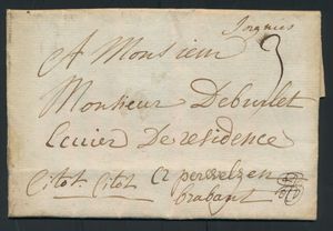 1701 Voorloper met inhoud vanuit Soignies (Herlant 1), dd. 25 januari 1701, naar Perwelz (en Brabant), geadresseerde Mr. De Burlet (adel), manuscript 