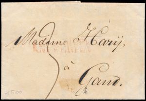 1825 Voorloper met inhoud, vanuit Rio De Janeiro (Brazilië), dd. 11 juni 1825, naar Gent, via Antwerpen (rode vertrekstempel op voorzijde). Briefport volgens Circulaire Nr. 156 van 1/1/1821 voor afstandsport en gewicht tot 13 gram is 3 stuivers. Brief geopend toegekomen in Kantoor van Gent en met lakzegel gesloten, zm