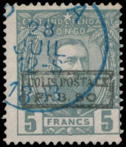 N° CP 5 “5fr. gray” with the overprint “COLIS POSTAUX / FR. 3.50” in black, cancelled “BOMA 29 JUL 1893” in blue, Luc Vander Marcken photocertificate, very fine (OBP €350)