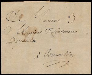 1776 Voorloper met inhoud, vanuit Dohain, dd. 25 december 1776, naar Bruxelles, port 3 sols, de brief is geperforeerd. Er volgt een aangetekend antwoord door Mr. T'Serstevens, bijgevoegd het bewijs van aangetekend schrijven van de post. Zeer leuke samenstelling, zm