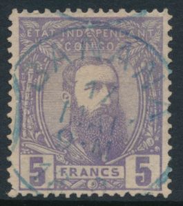 N° 11 ‘5fr. violet’ cancelled ‘BANANA 17 MAY 1890’ in blue, inland right-hand corner slightly repaired, Luc Vander Marcken certificate, fine/to be checked (OBP €880)