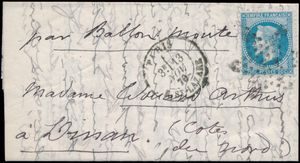 1870 Par Ballon Monté (handgeschreven), Yv. 29B, brief met inhoud, vanuit Parijs, afstempeling 