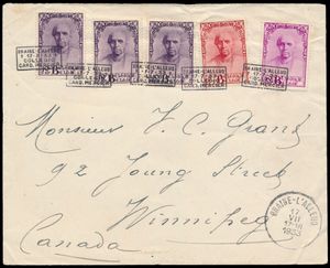 1933 N° 374A (3x), 374B en 374D op filatelistische brief met handstempel 