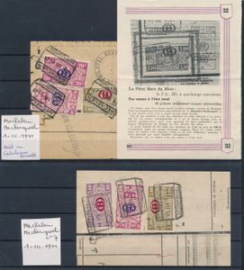 TR 213/35 Spoorwegafstempeling Mechelen Neckerpoel, 8 fragmenten tussen 1/III/1941 en 11/III/1941, op zegels van de reeks TR 213/235, zegel TR 223-Cu (8x) met omgekeerde opdruk op 7 fragmenten, 1x losse zegel, zm
