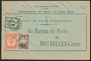 1937 N° 168, 172, and 182 “10c. sepia,” “40c. green,” and “10fr. red-orange” from the “Indigenous Scenes” issue on a cover for an international money order sent from Libenge on March 20, 1937, to Brussels; since the mailing was postage-free, only the airmail charge of “10.50fr.” was paid (charge in effect until March 31, 1937: “3.50fr.” per 5gr.), rare item, very fine 