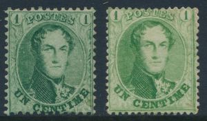 N° 13A (zonder gom) en N° 13B (scharnier nagegomd), zeer mooie kleurnuances (dicht tegen flessengroen), zm/m (OBP €94)