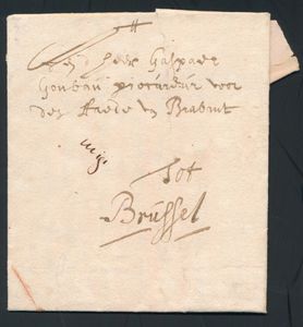 1680 Voorloper met inhoud, vanuit Antwerpen, dd. 27 october 1680, naar Brussel, mooie rode krijtstreep in de linkeronderhoek, waarschijnlijk de portaanduiding van 1 sol, leuke brief, zm