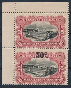 N° 65 “10c. carmine” in a vertical pair; the upper-left corner is cut off. The lower item bears a fake overprint forgery “30c.” intended to create a “curiosity”—a very fine imitation of the genuine overprint; very fine/to be checked