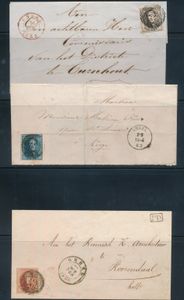 1853/1860, 3 brieven met medaillons van P.49-Gheel, N° 6, dd. 28 april 1853 naar Turnhout, N° 11, dd. 15 april 1862 naar Luik en N° 12A, dd. 10 october 1860 naar Rozendaal (Nederland), zm/m