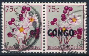 N° 387A “75c. flowers” overprinted Congo without the surcharged value overprint, in a pair with an uncanceled “75c.”, a rare item, cancelled “MATADI 14-9-61”, very fine/fine