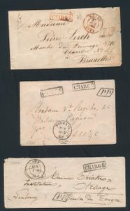 1854/1862 Verzameling van 7 Charge (en PP) brieven, ZONDER zegels, verschillende types en kleuren (blauw, rood en zwart) van 
