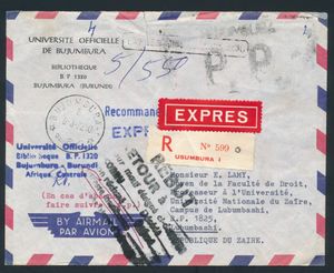 1972 Letter sent by express mail from Bujumbura, “P.P.” griff in black (for postage paid), registered and express labels, sent on 3/8/72 to Lubumbashi, Zaire, large “waste” griff, very fine