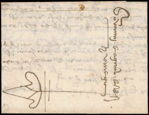 1459 Voorloper met inhoud, vanuit Brugge, dd. Augustus 1459, naar Venetië (Italië), zakenbrief i.v.m. bankzaken van Antonio Habassan, brief had 3 maanden nodig om bestemming te bereiken, zeer mooie briefsluiting (wafer seal) die op de gilde bevestigd is, meer info bij het lot (zie scan), zm