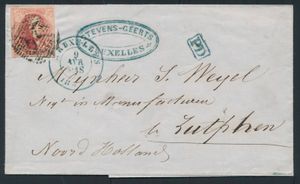 1881 N° 32 en 35, op briefomslag, waardebrief, aangetekende zending met 5 lakzegels op de keerzijde, vanuit Malines, dd. 27 october 1881, naar Rome (Italië), dubbele stempel 