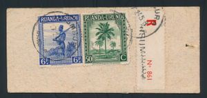 1945 N° 132 “50c. green” and N° 142 “6fr. blue” from the “Palm Trees” set on a package label sent by registered mail from Usumbura on 2/17/45 to Veltem, marked “sample—no value”; Ruanda Urundi labels are rare, very fine/fine