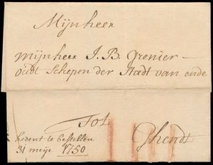 1750 Voorloper zonder inhoud, vanuit Bruges (Brugge), dd. 31 mei 1750, naar Ghendt (Gent), port is 4 rode krijtstrepen, prachtige manuscript 'hedent te bestellen 31 meise 1750', want betekent dat de brief op 31 mei 1750 dient geleverd te worden. Dit heeft een impact op de port, er worden 2 sols toegevoegd voor de hoogdringendheid. De normale port tussen Brugge en Gent is 2 Sols (+ 2 urgency) is 4 sols (4 rode krijtstrepen), zm