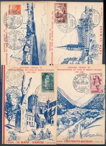 Thema wielrennen, Ronde van Frankrijk 1953, 23 kaarten van de 22 etappes + aankomst met speciale stempels, zm