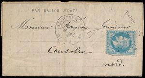 1870 Par Ballon Monté (zwarte stempel), Yv. 29B, brief met inhoud (Dépêche-Ballon - Journal des Evénement du Siège - 8 november 1870), vanuit Parijs, afstempeling 