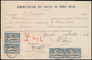 1916 N° 67 (8x) ‘25c. blue’ in 2 pairs and a block of 4, issued by postal authorization from the Bambili post office, cancelled on 19 August 1916 in Buta, with signatures of two witnesses; a rare document and postage fee, very fine