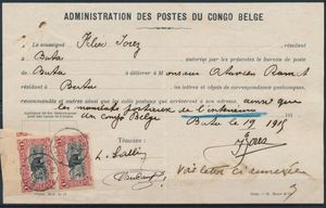 1915 N° 60 (2x) ‘1fr. carmine’ in a vertical pair with margin on a postal authorization from the Buta post office, cancelled on 23 June 1915, signatures of two witnesses, rare item, very fine

