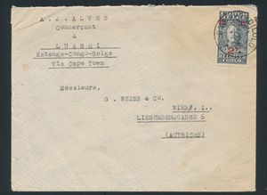 1932 N° 164 “2fr. on 1.60fr. gray Stanley,” single franking on a letter mailed from Dilolo on March 8, 1932, to Austria (postage charge in effect from January 1, 1931, to January 31, 1934), rare stamp on letter, very fine