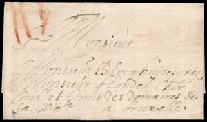 1684 Voorloper met inhoud, vanuit Charleroy, dd. 2 september 1684, naar Brussel, port 2,5 sols (2 volle krijtlijnen en 1 gebroken krijtlijn), zm