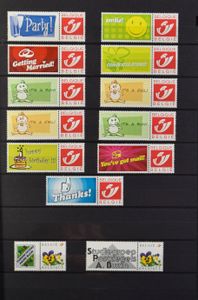 Duostamps, verzameling in insteekboek, waarbij Kuifje, voetbal, Disney, briefpapier, zm (Frankeerwaarde zonder waardeaanduiding x 124, €0,49 x 21)