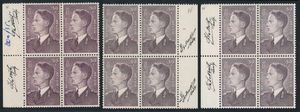 N° 879, 879A (2x), 879 A P3 en 1075 P3, alle in blok van 4 met handtekening van 