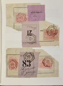 1890/1891 Samenstelling 50 zeldzame fragmenten of vrachtbrieven, met TR 11 en paarse etiketten 