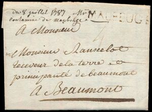 1777 Voorloper met inhoud, vanuit Maubeuge, prachtige stempel, niet vermeld in Herlant, (46 x 7 mm - in zwart), naar Beaumont, geadresseerde is 
