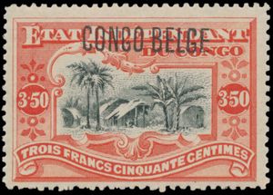 N° 47-V4 “3.50fr. vermilion” with typographical overprint “CONGO BELGE”, position 32 on the sheet featuring the Balasse V4 variety “line through the letters DEP”, superb condition, rare, very fine (OBP €250)