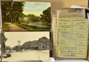 W.O. I, legerstempels, andere merendeel op ZK, Nederland (20 stuks), W.O. II (42 stuks) + rantsoenkaarten (+68 stuks)