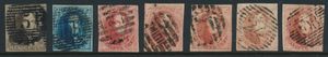 1849/1861, samenstelling 7 zegels w.o. N° 1 (P 5 Arlon), N° 4 (P 108 Soignies), 5x N° 12 (P 2, 8 lijnen, Aalst, P 108 Soignies en P Midi), alle volrandig, zm.