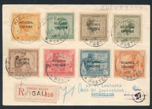 1929, 11 Vloors stamps on a cover sent from Kigali by registered mail on 5/20/29 to Brussels, transit marks “BUKOBA 29 MY 29,” “KAMPALA 3 JU 29,” and “MOMBASA 8 JU 29,” postage very colorful, very fine