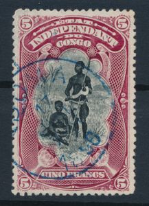 N° 28 ‘5fr. carmine’, cancelled ‘BOMA 17 JUL 1890’ in blue, very fine (OBP €60)