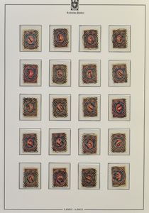 1860 Spectaculaire verzameling in ringband met vervalsingen n° 1 voorzien van verschillende 4-ringsnummerstempels in zwart n° 1/320 (320 verschillende!), dan 8 hogere nummers in zwart, vervolgens 56 exemplaren met stempels in rood, blauw en groen, tenslotte Russische zegels met dezelfde type stempels, vanaf 1858, alle zegels hebben volledige gom en iets afwijkende tanding, zm/ntz