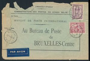 1937 N° 103 “4fr. carmine pink” and N° 105 “10fr. lilac” from the “Indigenous Scenes” issue on a cover for an international postal money order sent from Kigali on January 22, 1937, to Brussels; since the mailing was postage-free, only the airmail fee of “14fr.” was paid (charge: 3.50fr./5gr.) On the back, a transit mark “KAMPALA 25 AP 37” and an arrival cancellation “BRUXELLES 1A/8V 1937”; a very rare item, though slightly damaged, to be checked