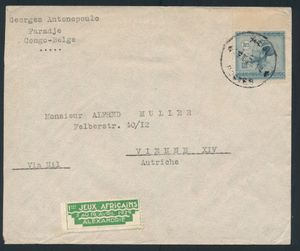 1928 N° 131 “1.75fr. blue Vloors,” single franking on a letter mailed from Aba on Oct. 2, 1928, to Vienna, Austria; green propaganda pictorial stamp in white “1st African Games / Apr. 3–19, 1929 / Alexandria,” very rare; postage at “1.75fr.” correct, very fine