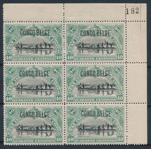 No. 44 “40c. green-blue” in a block of six from the corner piece, numbered “182”, with the typographical overprint “CONGO BELGE”, two T2 overprints in positions 4 and 10, superb condition, a luxury item, Luc Vander Marcken certificate, very fine (OBP €160)
