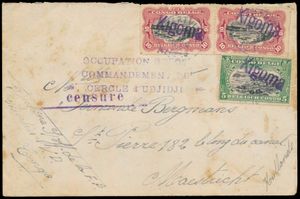 1916 N° 64 and 65 (2x) with a purple overprint ‘KIGOMA’ on a letter to the Netherlands, large griff ‘OCCUPATION BELGE/ COMMAND OF THE / UDJIDJI DISTRICT’ and ‘CENSURE’ in purple; the stamps were cancelled en route at Albertville on 29 October 1916; arrival postmark ‘MAASTRICHT 3-1-1917’; very fine/fine