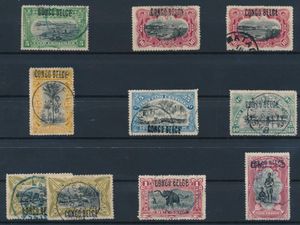N° 30L “5c. green”, 31L (2x) “10c. carmine”, 32L “15c. ochre”, 33L “25c. blue”, 34L “40c. green-blue”, 35L (2x) “50c. olive”, 36L “1fr. carmine”, 38L “5fr. carmine, lot of 10 stamps overprinted “CONGO BELGE” with the local overprint L6, very fine/fine (OBP €194 for L1 + €343 for L6 – see attached table)