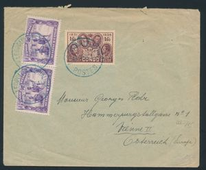 1938 N° 173 (2x) “50c. violet,” indigenous scenes, and N° 187, “1.50fr. lilac-brown,” 50-cent stamp on a letter from Leopoldville mailed on February 11, 1938, to Vienna, Austria; blue cancel from Leopoldville - Kalina, rare, correctly franked at “2.50fr.”, very fine