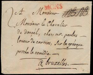1790 Voorloper zonder inhoud, vanuit Mons (stempel rood 21x6 mm), geen exacte datum beschikbaar, periode is rond 1790, naar Bruxelles, manuscript 
