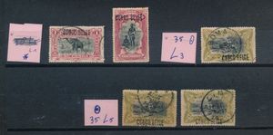 Small lot of local overprints including 36 L cancelled “1fr. carmine” and 38 L * “5fr. carmine” with L1 overprint, 35 L “50c. olive” with L3 overprint, and 35 L cancelled (2x) “50c. olive” with L5 overprint, very fine/fine (OBP €290)