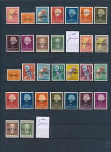 1962 UNTEA, eerste en tweede druk, tevens groot aantal opdrukvariëteiten, zeer hoge cataloguswaarde, maar meeste met getinte gom, zm/m/ntz 