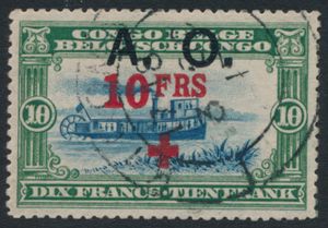 N° 44 ‘10fr. green’ with ‘A.O.’ (East Africa) overprint, bearing a forged postmark ‘KIGOMA 3 OC 17’; the stamp was not issued until 1918!, Luc Vander Marcken certificate, very fine/to be checked