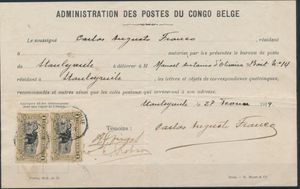 1919 N° 70 (2x) ‘1fr. olive’ on a postal authorization from the Stanleyville post office, cancelled on 26 February 1919, signatures of two witnesses, rare item, very fine