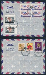 1961 Lot of four letters with postage from various South Kasai issues, cancelled in Bakwanga for the Philatelic Club of Belgium in Brussels, including the sought-after N° 19 ‘5fr. on 1.50fr. J.O. de Rome’, added to the cover bearing the Autonomous State’s letterhead, very fine 